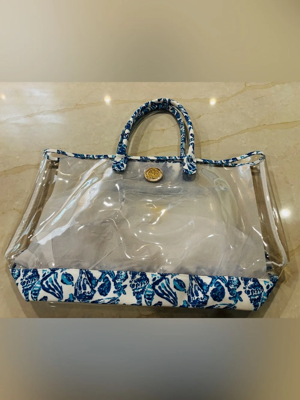 Lilly Pulitzer Clear Tote with Blue Shell-Print Trim